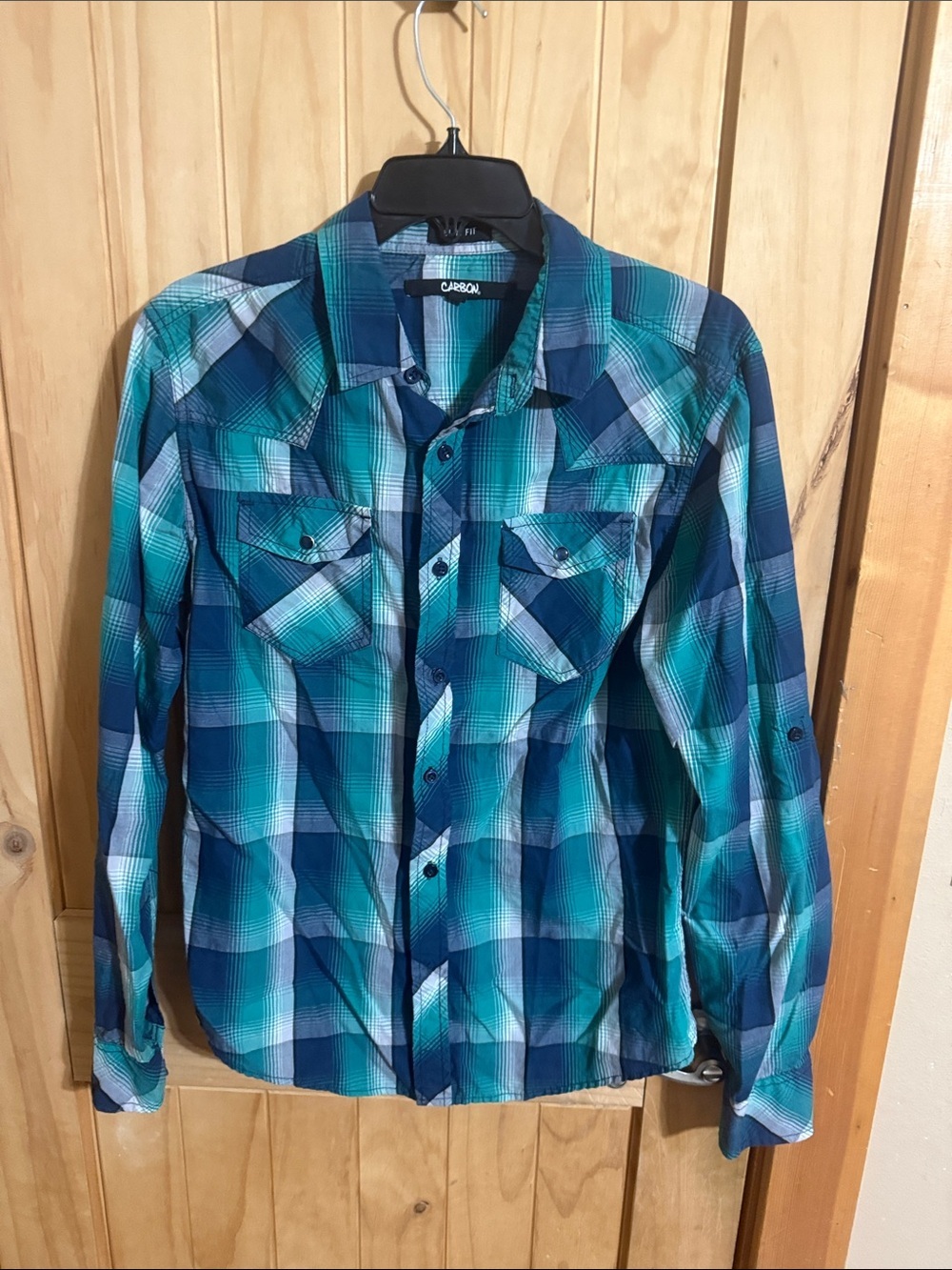 Carbon Teal and Navy Plaid Button-Down Shirt